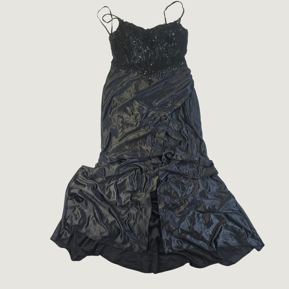 Dave & Johnny Womens Formal Sequin Corset Gown 13/14 Black Satin Wrap Slit Dress